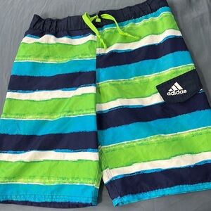 Adidas boys swim shorts in blue/green/white stripe or color block. Size M